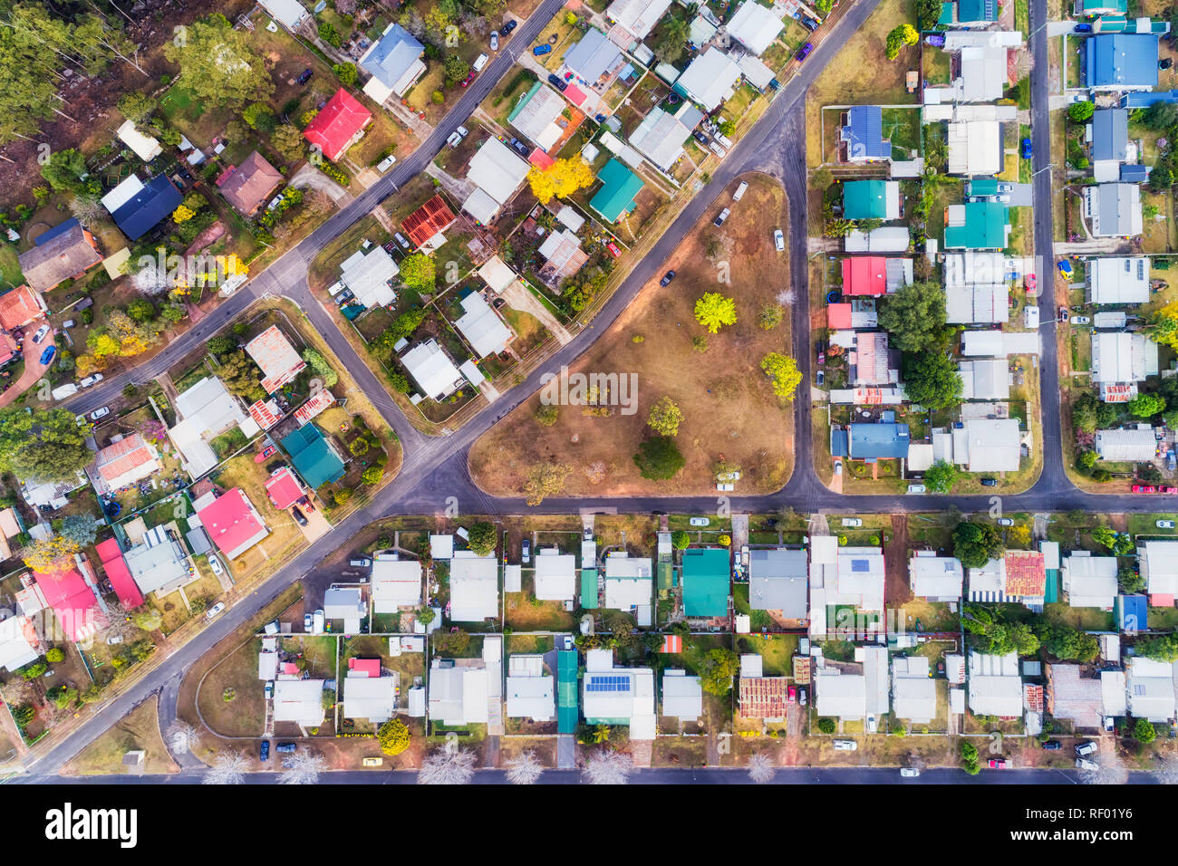 Remote regional suburban town of Warragambah where local residents enjoy quiet streets and relaxed life style in homes seen from above top down. Stock Photo