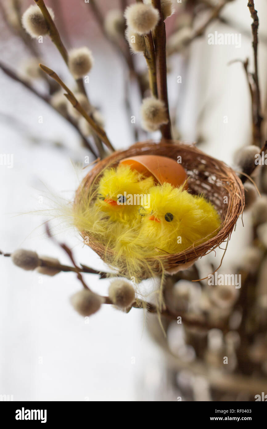 Little toy Easter chickens. Happy easter . Holiday Stock Photo
