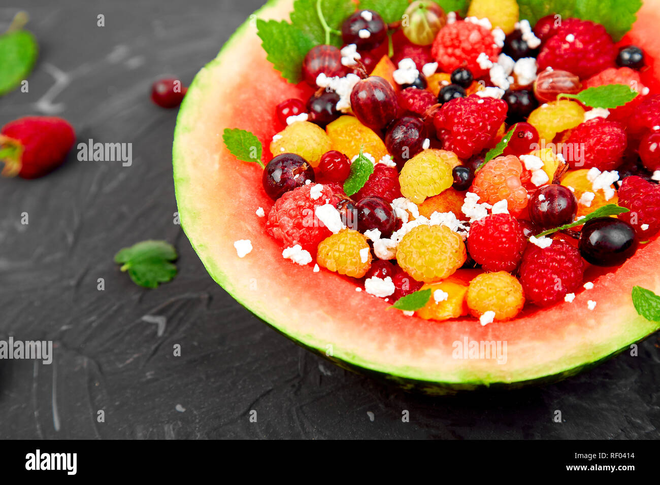 Watermelon Bowl With Cottage Cheese And Berries Apricot