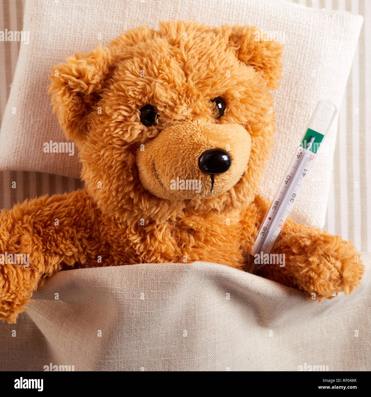 Health care concept of plush teddy bear lying in bed with thermometer Stock Photo