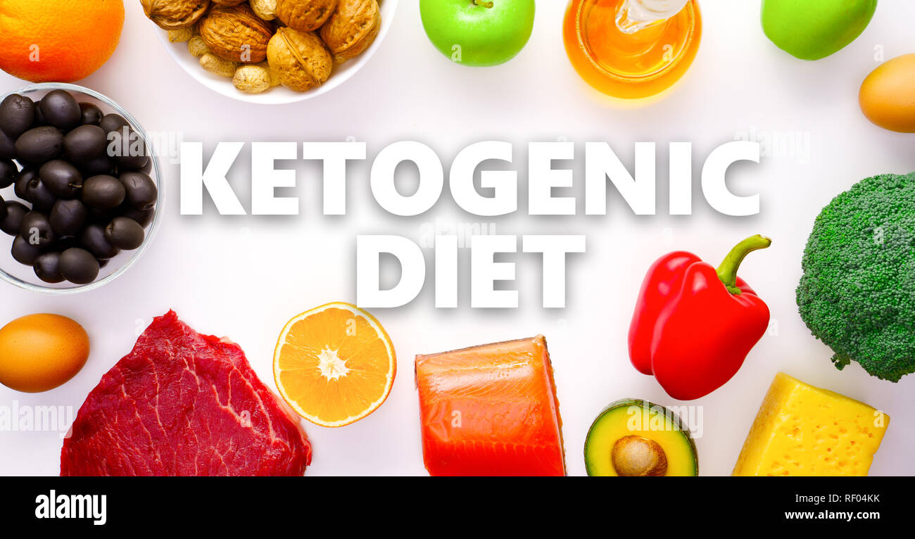 Photo on top of piece of meat, fish, cheese, eggs, vegetables, fruits, olives, walnuts on white background.Ketogenic diet concept. Stock Photo