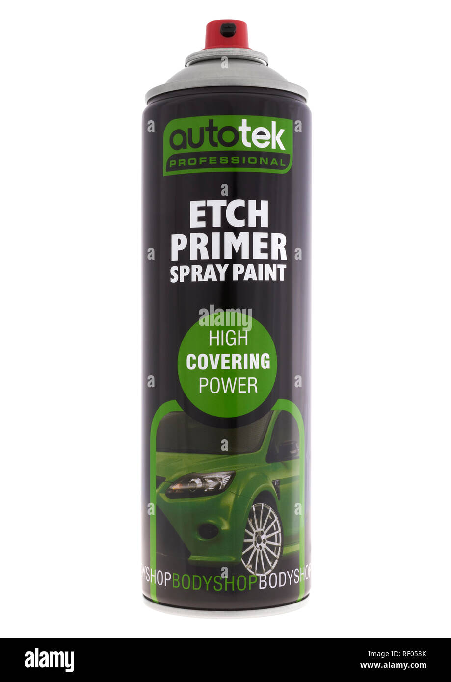 Can of Autotek grey etch primer spray paint on white background Stock