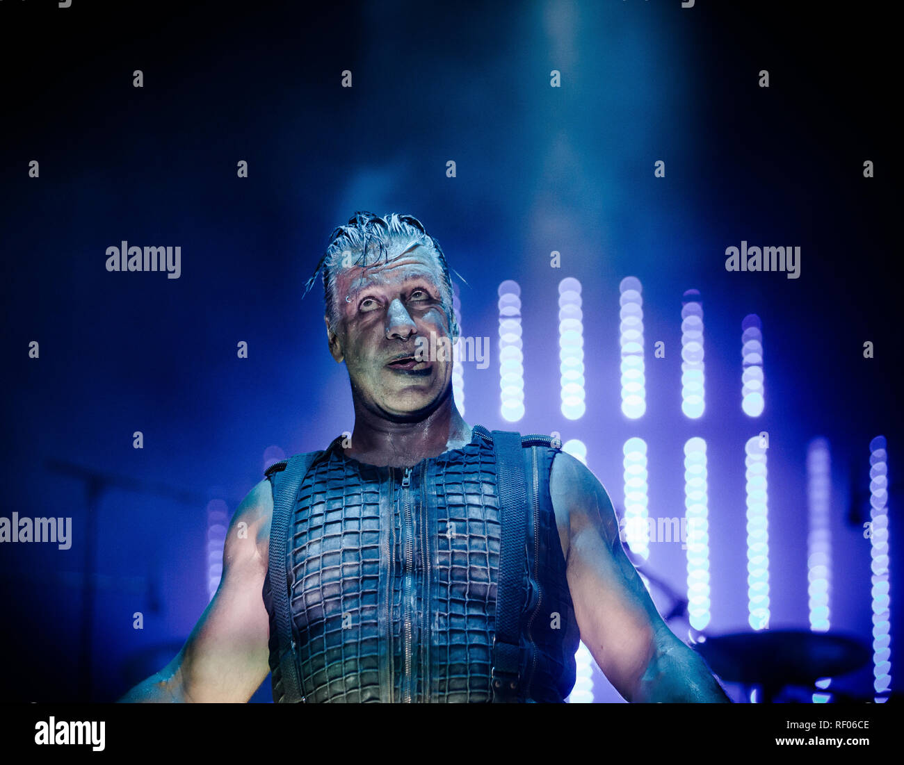 Rammstein, the German industrial metal band, performs a live concert at the  Danish music festival Tinderbox 2016 in Odense. Here the band's  characteristic vocalist Till Lindemann is seen live on stage. Denmark,