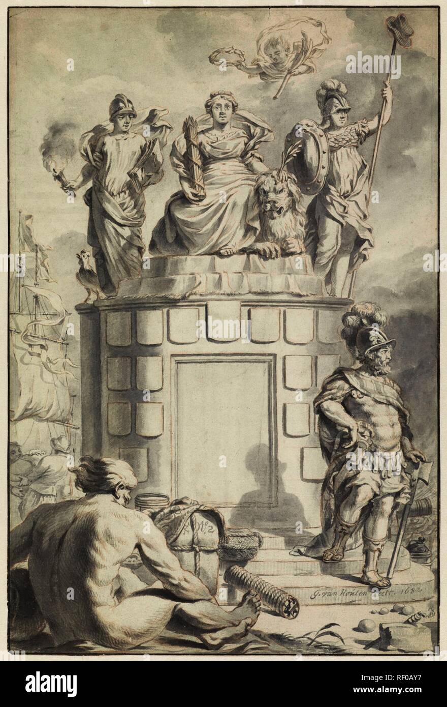 Design for a title print with the Dutch virgin (?). Draughtsman: Gerard van Houten. Dating: 1682. Measurements: h 450 mm × w 301 mm. Museum: Rijksmuseum, Amsterdam. Stock Photo