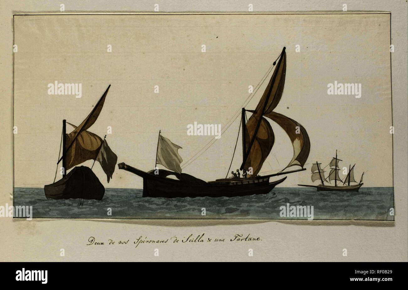 Drie schepen: twee spéronares van Scilla en een tartanes. Deux de nos Spéronares de Scilla &amp; une Tartane (title on object). Voyage en Italie, en Sicile et à Malte - 1778 (series title). Draughtsman: Louis Ducros. Dating: 1778. Place: Sicilië. Measurements: h 203 mm × w 380 mm. Museum: Rijksmuseum, Amsterdam. Stock Photo