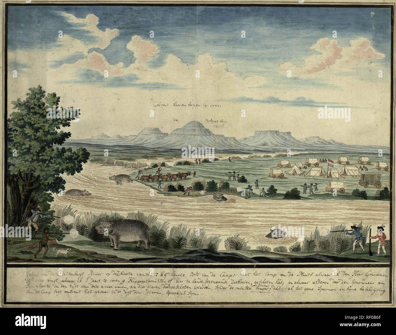 Hippopotamus hunt at the Seekoei River. Draughtsman: Robert Jacob Gordon.  Dating: Jan-1778 - Mar-1778. Place: