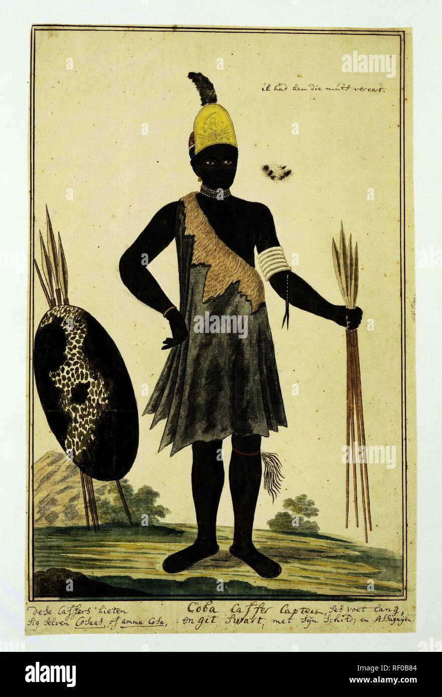 'Captain' Coba (or Kobé), a chief of the Gqunukhwebe tribe, wearing the grenadiers helmet given him by Robert Jacob Gordon. Draughtsman: Robert Jacob Gordon. Dating: 11-Dec-1777. Place: Great Fish River (South Africa). Measurements: h 660 mm × w 480 mm; h 376 mm × w 241 mm; h 350 mm × w 227 mm. Museum: Rijksmuseum, Amsterdam. Stock Photo
