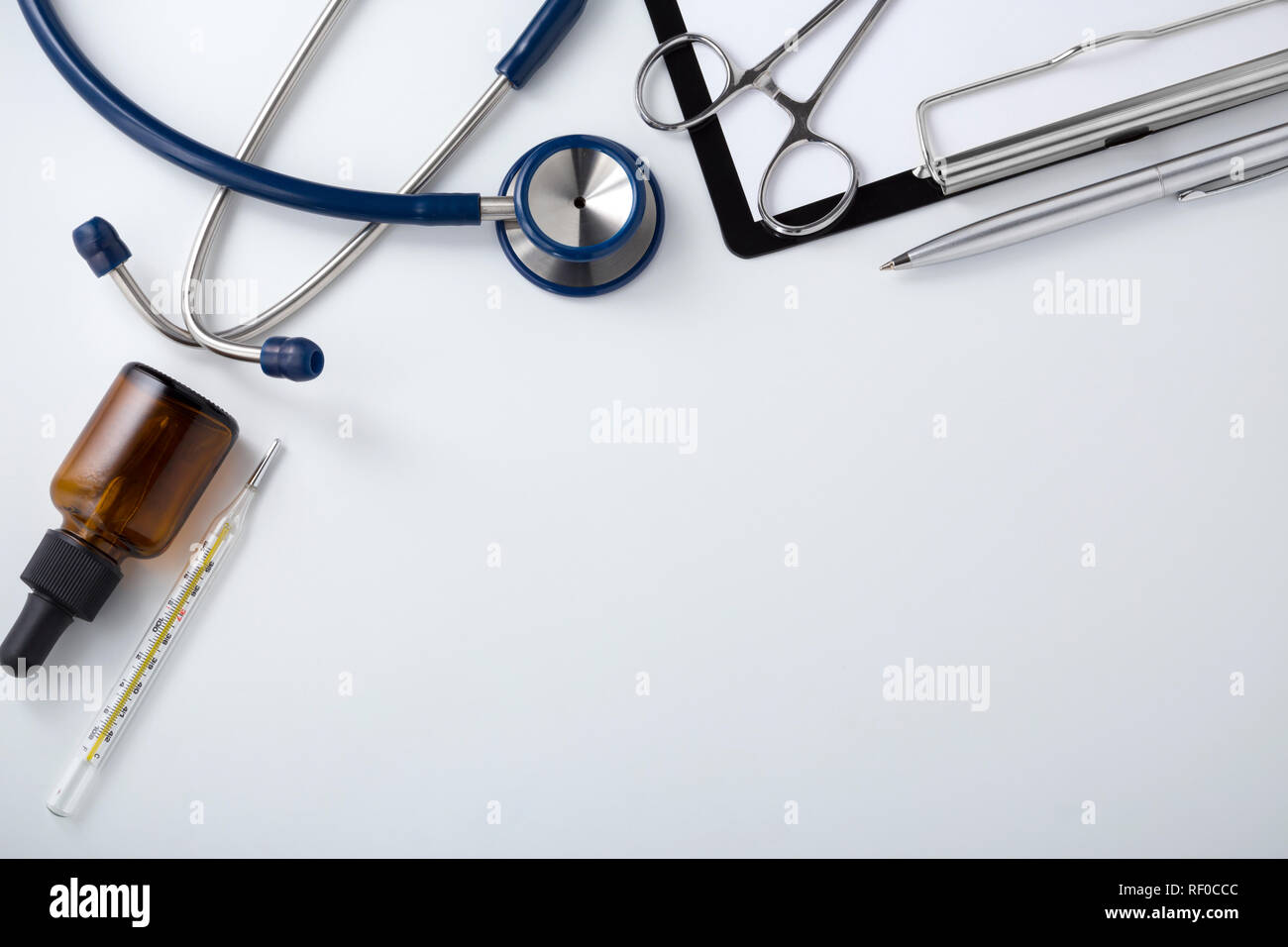Doctor desk with stethoscope, top view with space Stock Photo - Alamy