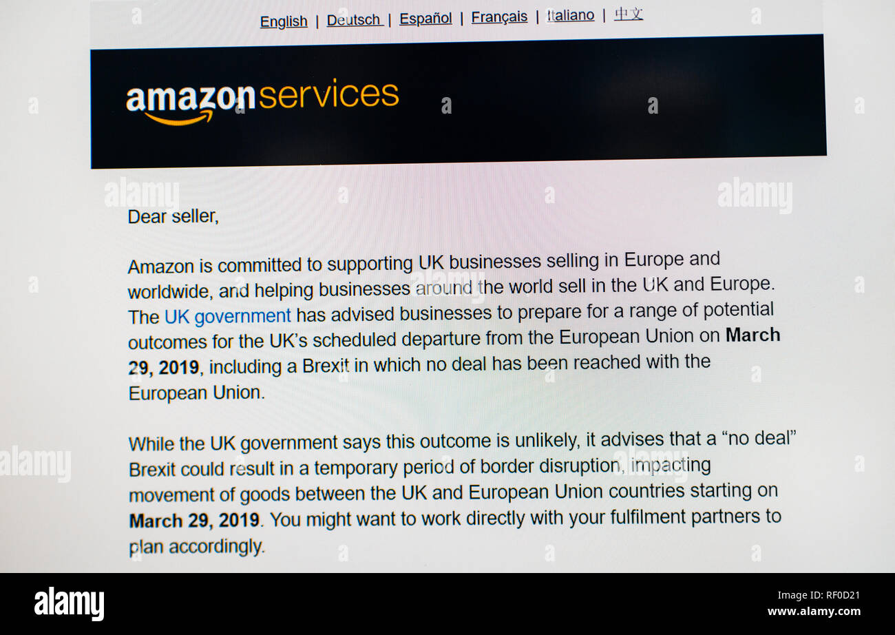 Paris, France - Jan 1, 2019: POV detail of email received from Amazon Services featuring news about the Brexit  influences for its marketplace sellers Stock Photo