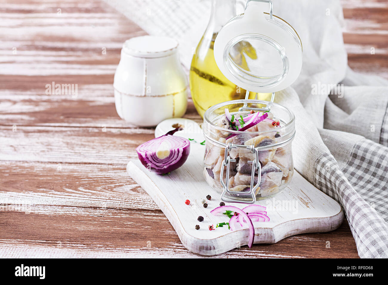 Marinated herring in jar with onions. Scandinavian food Stock Photo Alamy