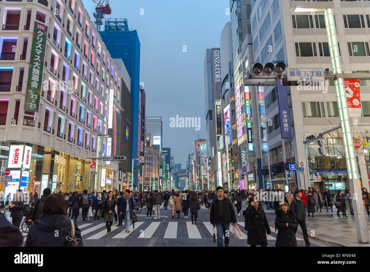 Night view of Ginza District, The district has famous brand flagship ...