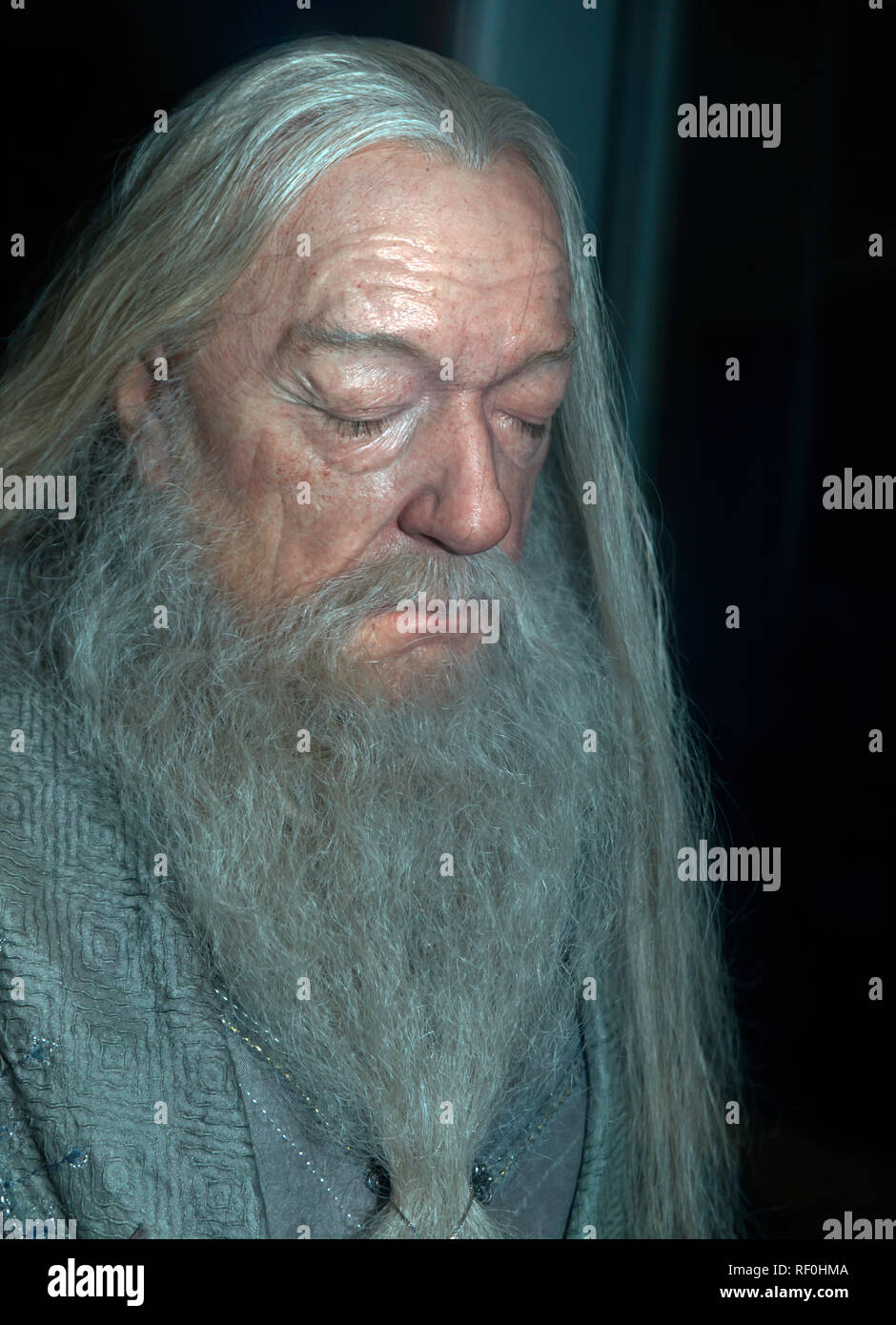 A detailed waxwork model of Sir Michael  Gambon CBE  as Albus Dumbledore, at the Warner Brothers Studio Tour,  Leavesdon Stock Photo