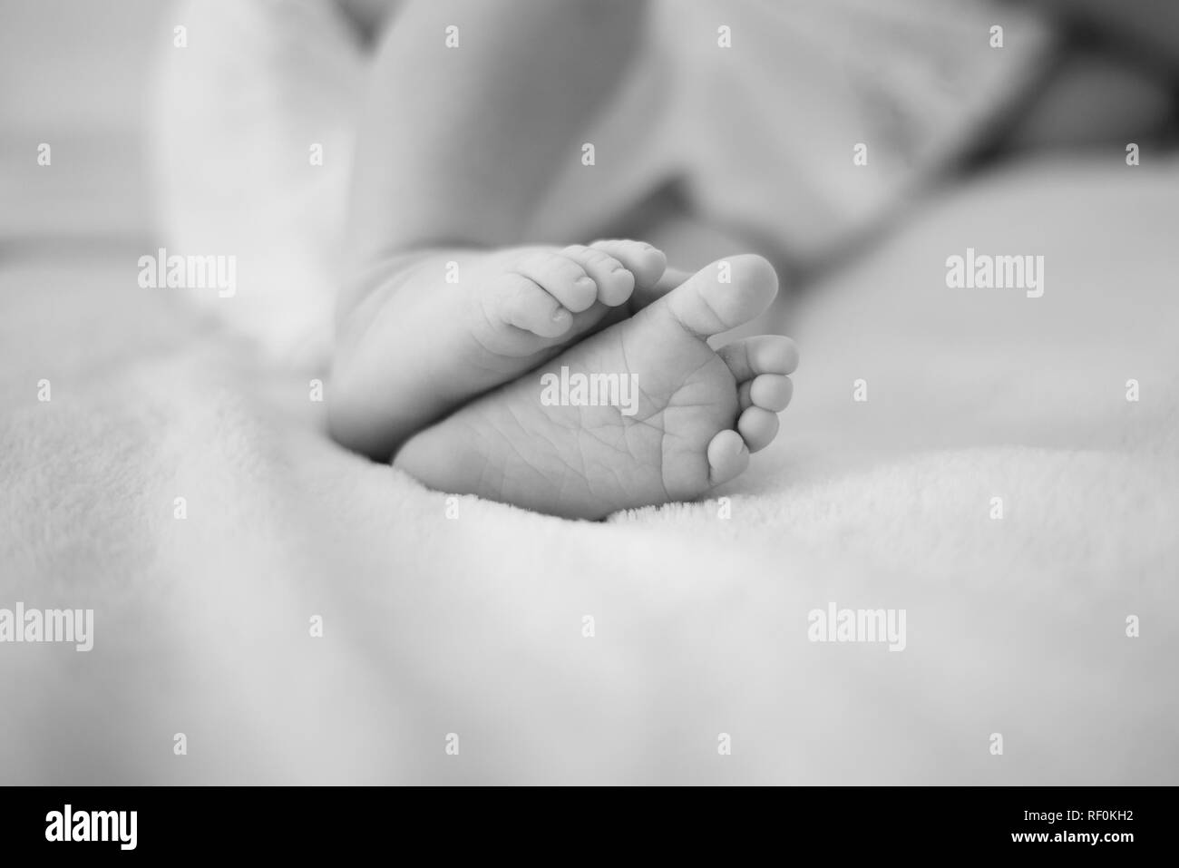 Cute feet of newborn baby sleeping on the bed Stock Photo Alamy