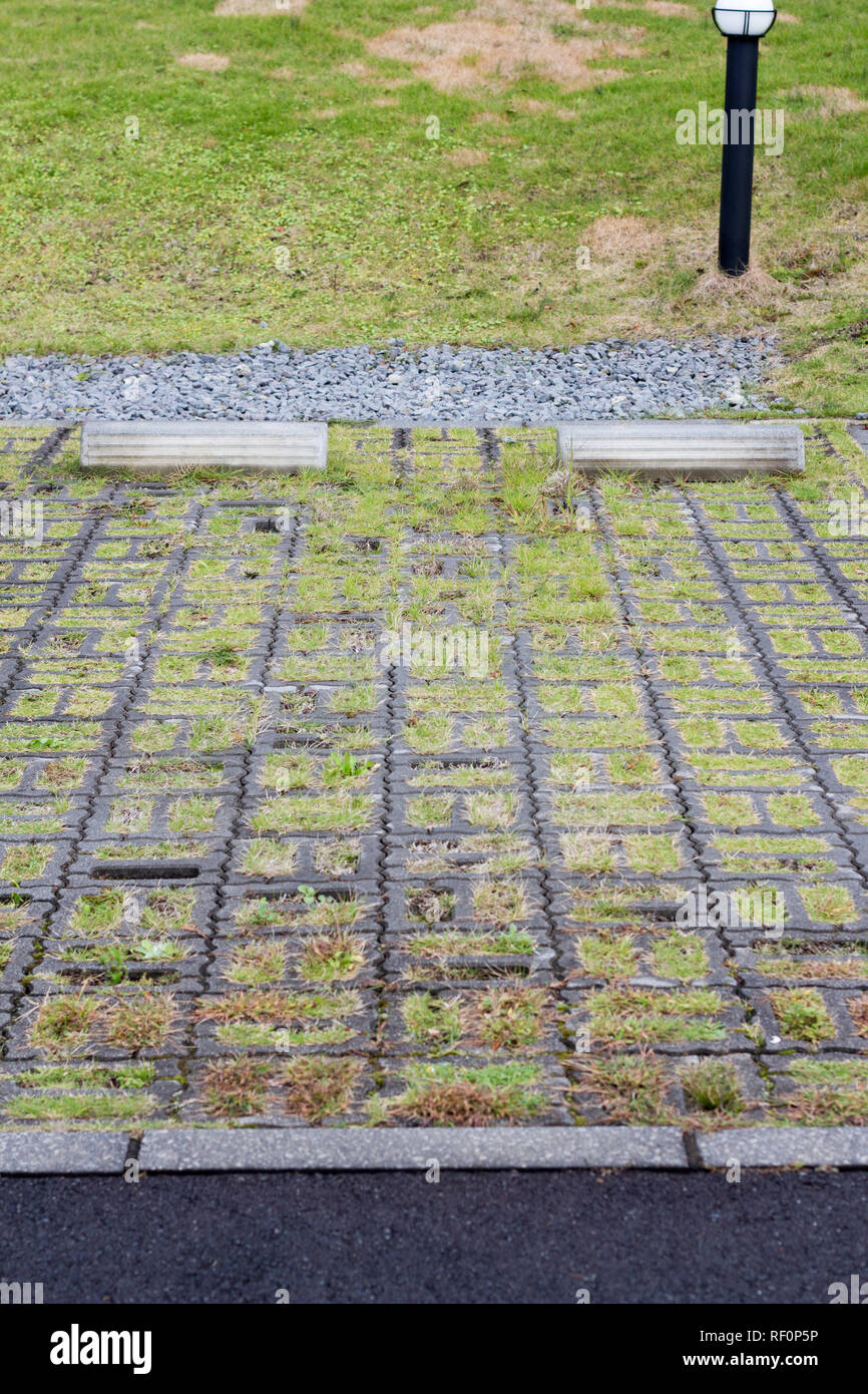 Concrete parking block on lawn yard, outdoor Stock Photo Alamy