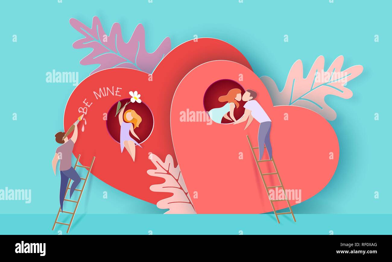 Valentines day card with couples kissing and painting with red heart background. Vector paper art illustration. Paper cut style. Stock Vector