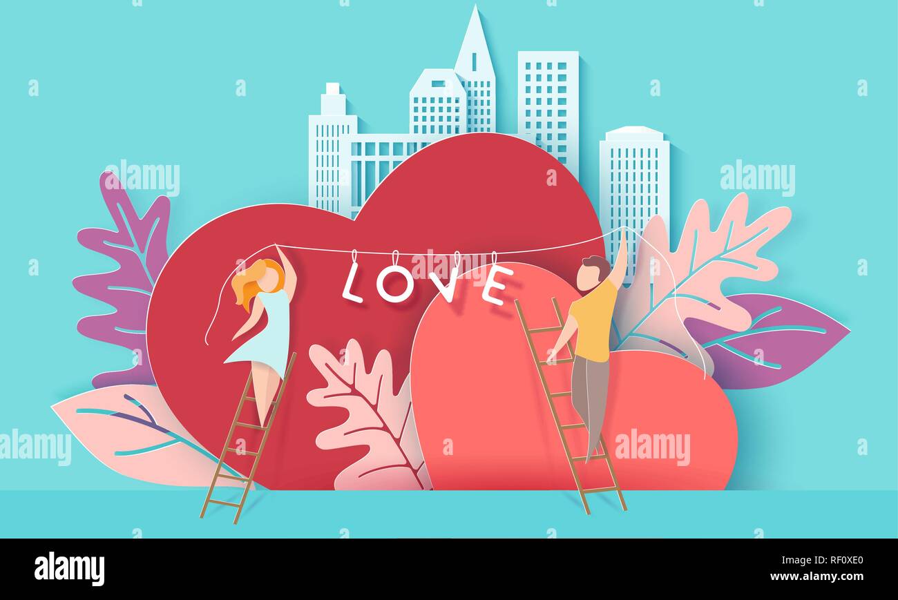 Valentines day card with couple holding word love on red heart with modern city. Vector paper art illustration. Paper cut and craft style. Stock Vector