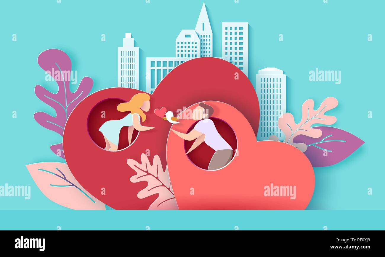 Valentines day card with couple holding bird love on red heart with modern city background. Vector paper art illustration. Paper cut and craft style. Stock Vector