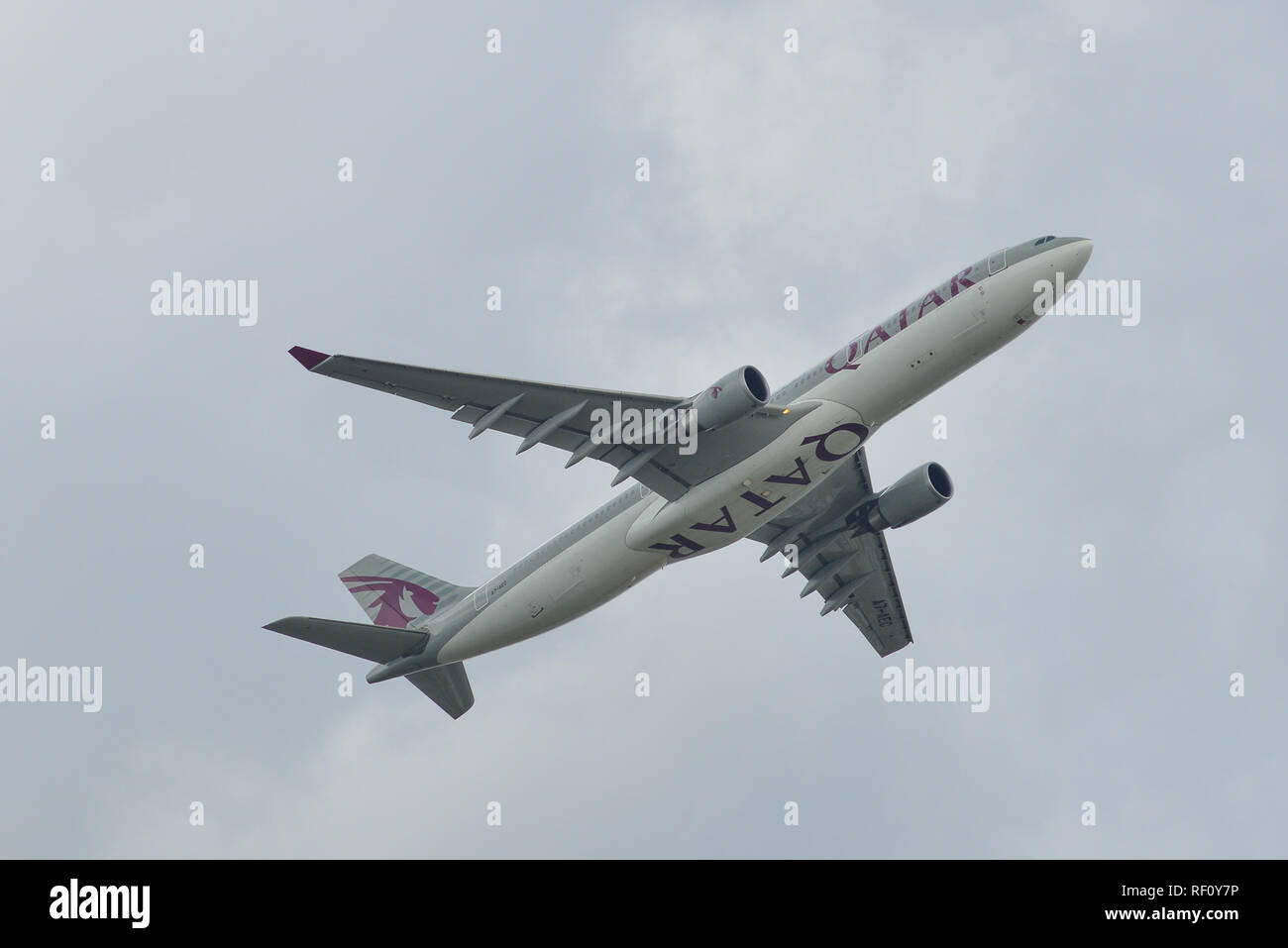 Saigon, Vietnam - Jun 24, 2018. An Airbus A330-300 airplane of Qatar Airways taking off from Tan Son Nhat Airport (SGN) in Saigon (Ho Chi Minh City),  Stock Photo