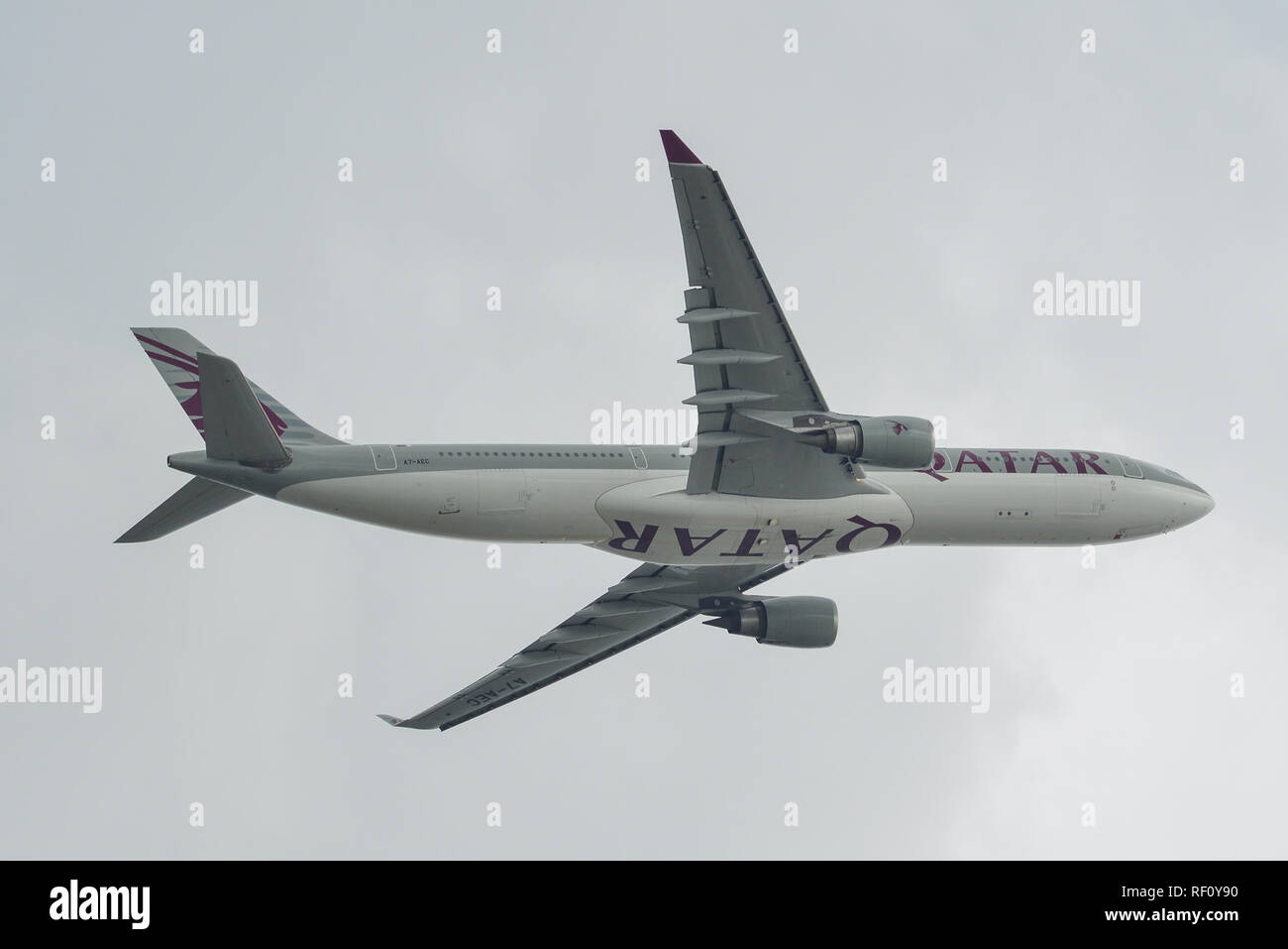 Saigon, Vietnam - Jun 24, 2018. An Airbus A330-300 airplane of Qatar Airways taking off from Tan Son Nhat Airport (SGN) in Saigon (Ho Chi Minh City),  Stock Photo