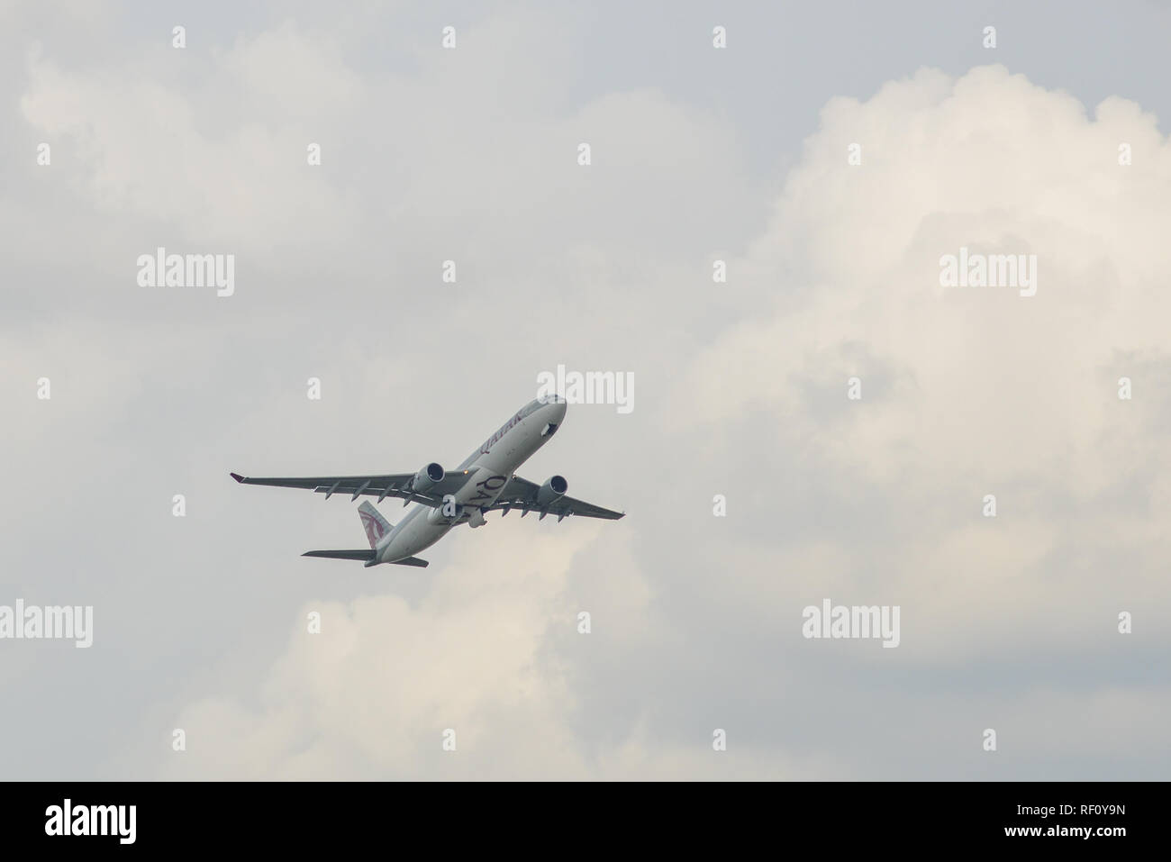 Saigon, Vietnam - Jun 24, 2018. An Airbus A330-300 airplane of Qatar Airways taking off from Tan Son Nhat Airport (SGN) in Saigon (Ho Chi Minh City),  Stock Photo