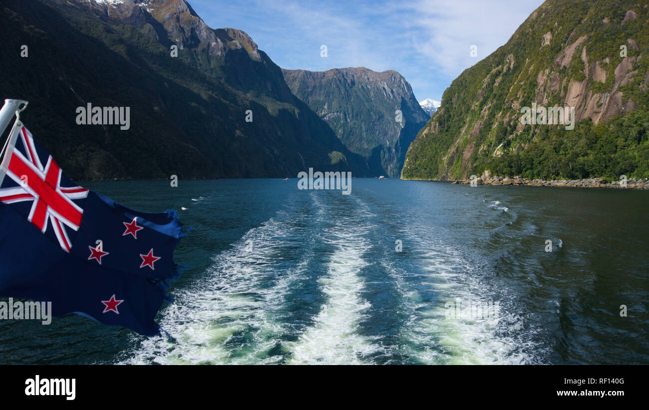 New Zealand Flag on a boat between islands Stock Photo