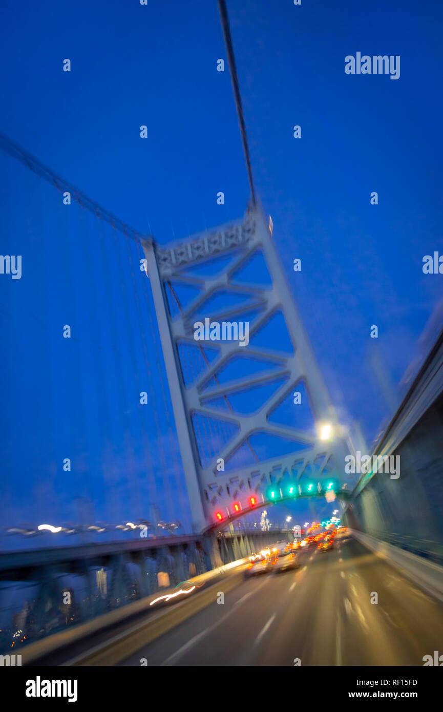 Traffic on Ben Franklin Bridge at dawn, Philadelphia USA Stock Photo