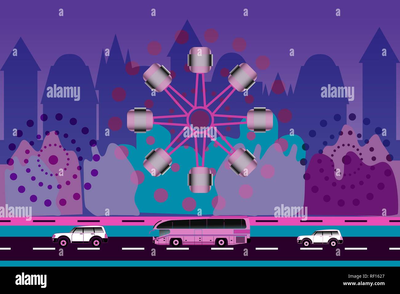 Two cars, a bus and a ferris wheel. City background. The color palette