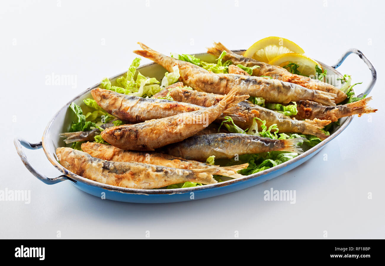 Old vintage dish with fried sardines, pilchards or anchovies in ...