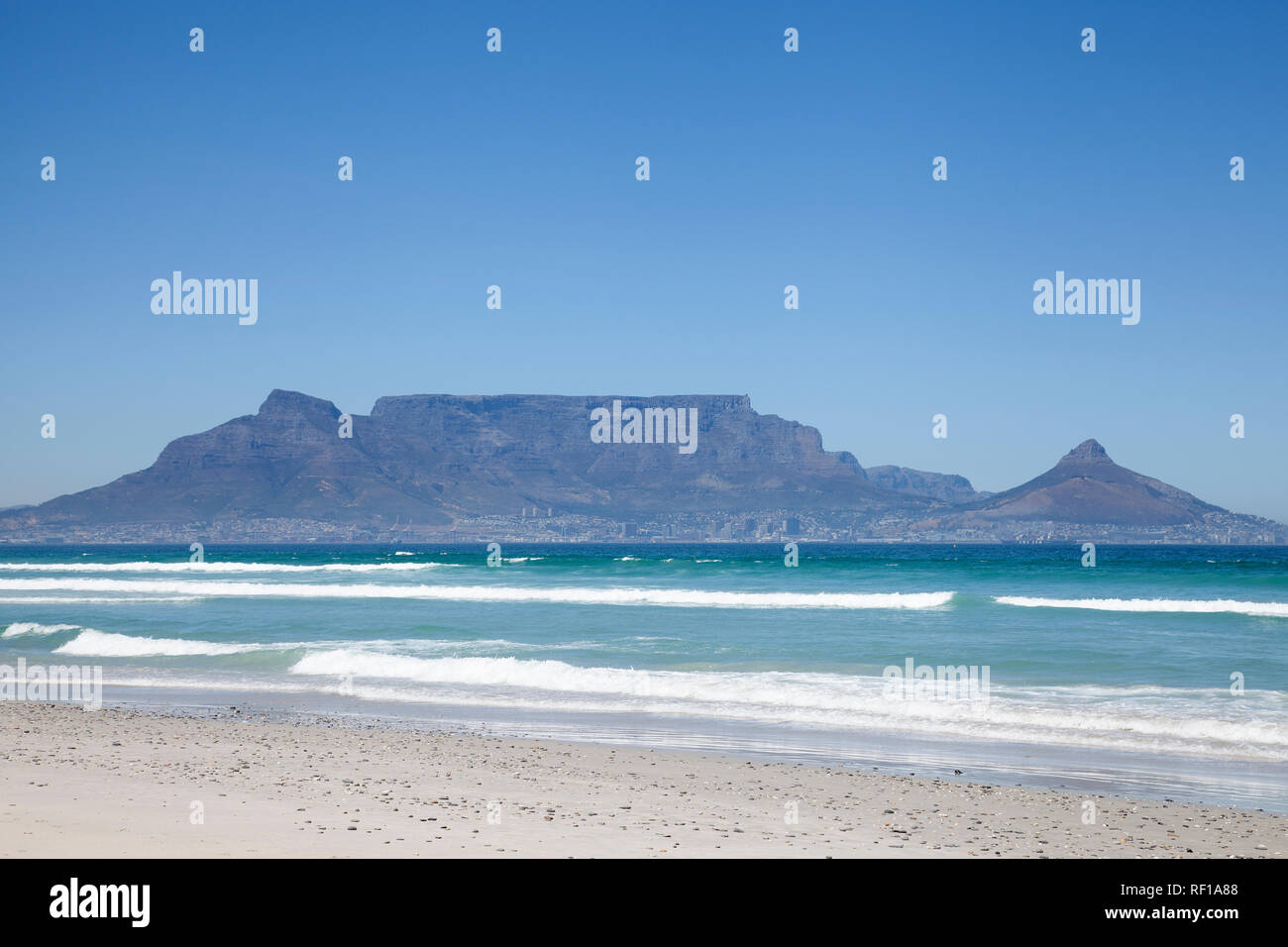 View of Table Mountain over Table Bay from Bloubergstrand, Cape Town - South Africa Stock Photo