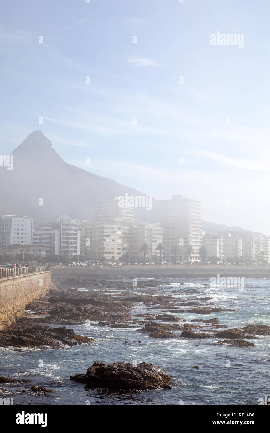 Apartments Along Sea Point Promenade in Light Fog - Cape Town , South Africa Stock Photo