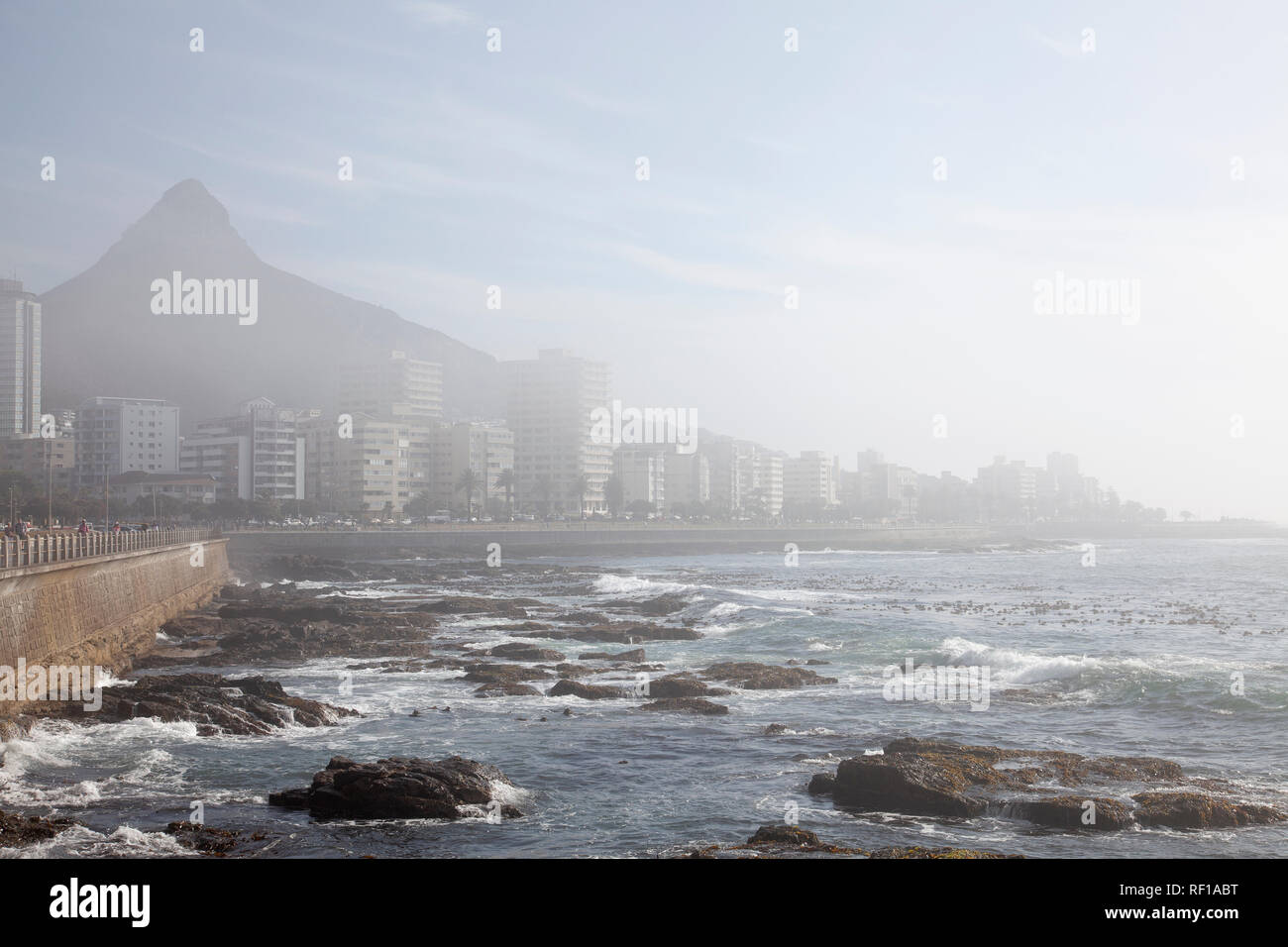 Apartments Along Sea Point Promenade in Light Fog - Cape Town , South Africa Stock Photo