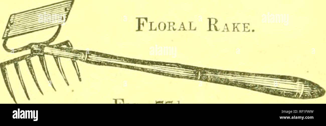 . Catalogue of agricultural and horticultural implements ... Floral Rake.. Fig. 77i The best forks are cut out of a plate of cast steel, and have from four to eight tines each. They have all the elasticity of a steel ramrod. They are strong, and very durable if properly handled. We also keep a large assortment of the common kind of manure forks. Garden Fork. Fig. 77f.. Please note that these images are extracted from scanned page images that may have been digitally enhanced for readability - coloration and appearance of these illustrations may not perfectly resemble the original work.. Allen,  Stock Photo