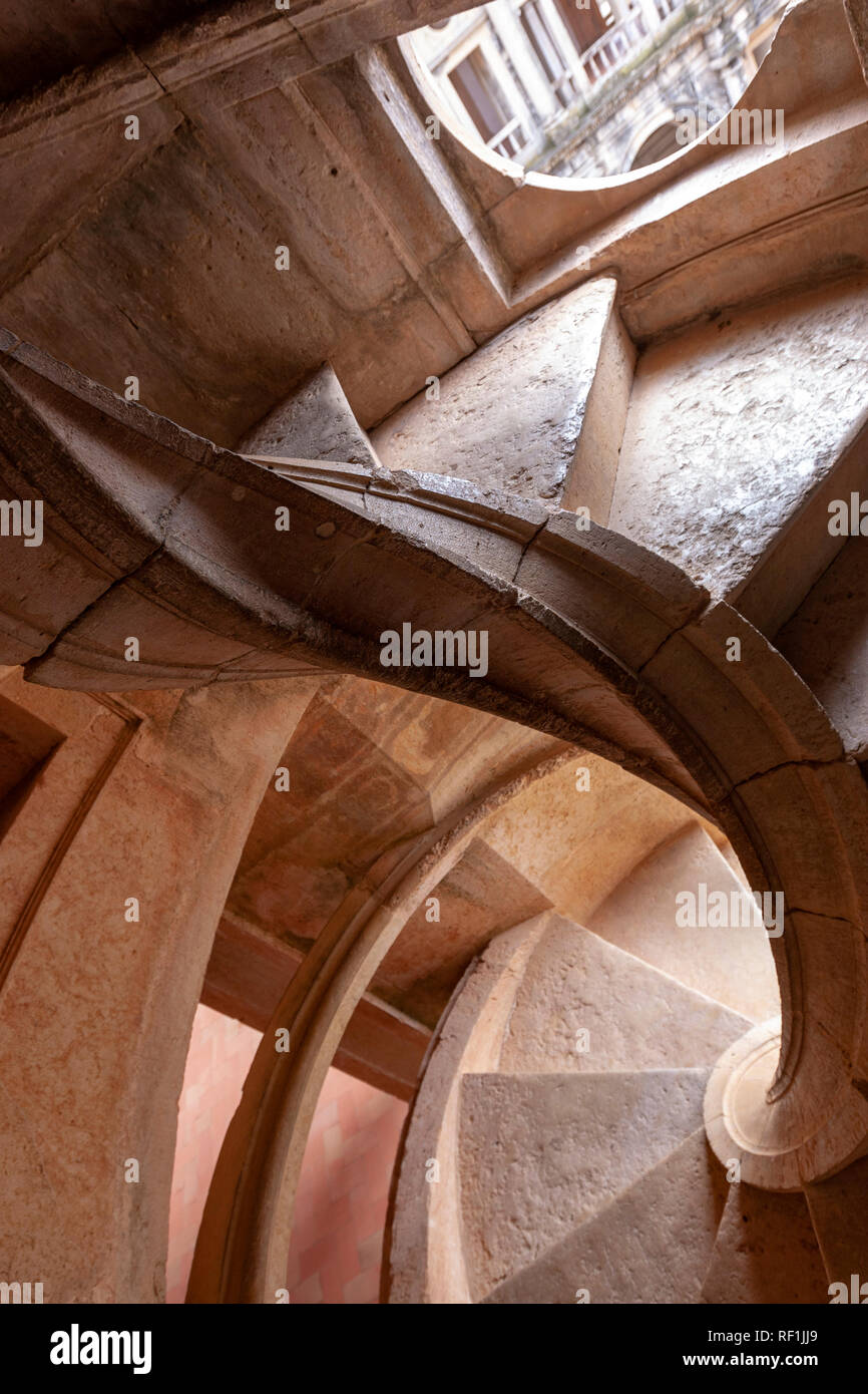 Spiral stone stairs in Renaissance Cloister of John III, Claustro de D. João III , Convent of Christ, Tomar, Portugal Stock Photo