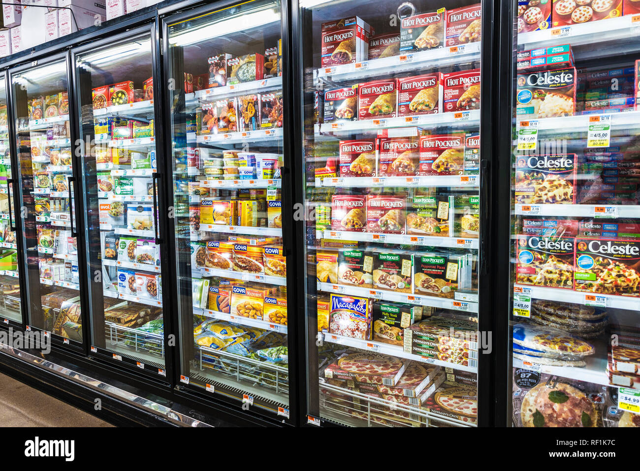 New York City, USA - July 25, 2018: Frozen food in a supermarket of Harlem in Manhattan in New York City, USA Stock Photo