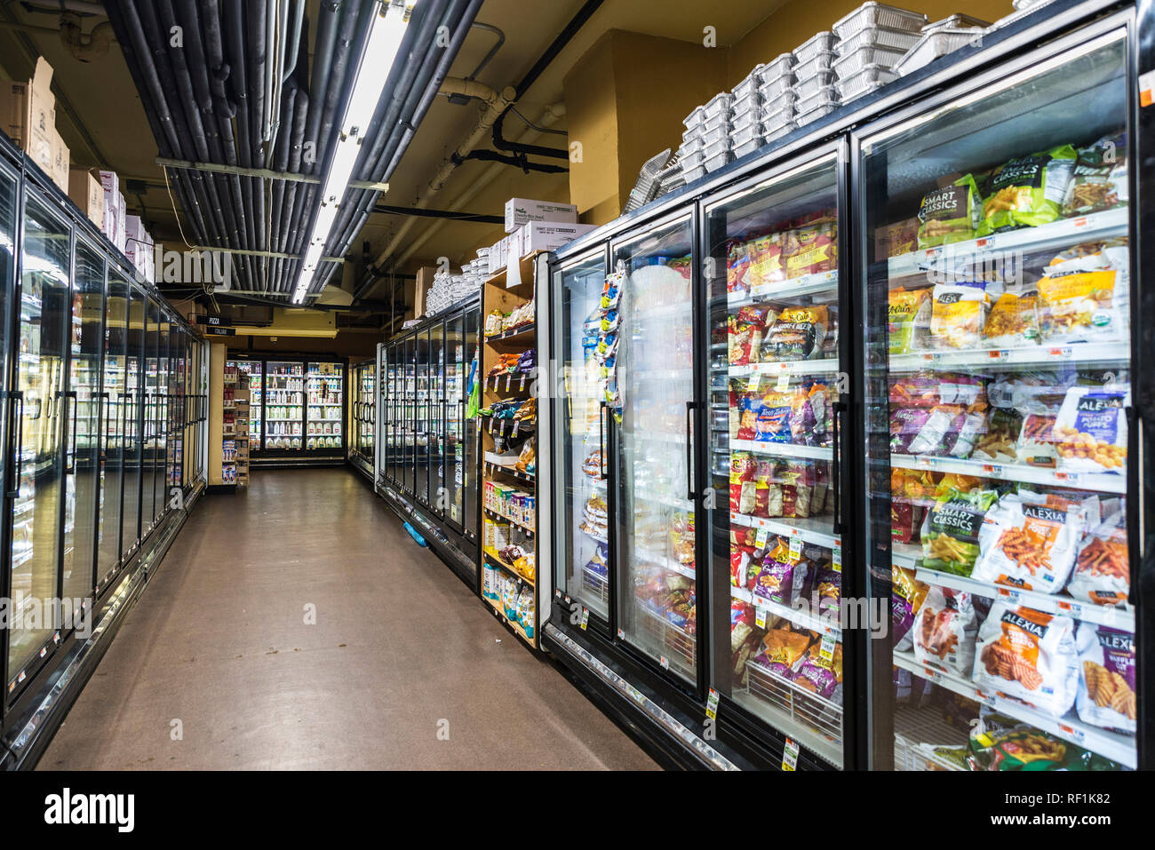 New York City, USA - July 25, 2018: Frozen food in a supermarket of Harlem in Manhattan in New York City, USA Stock Photo
