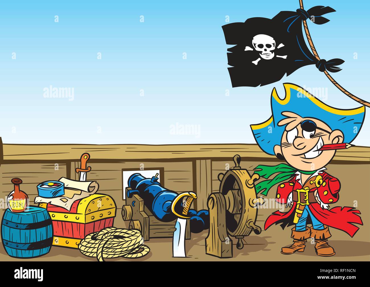 The illustration shows a young boy who plays the pirate. Illustration done in cartoon style. Stock Vector
