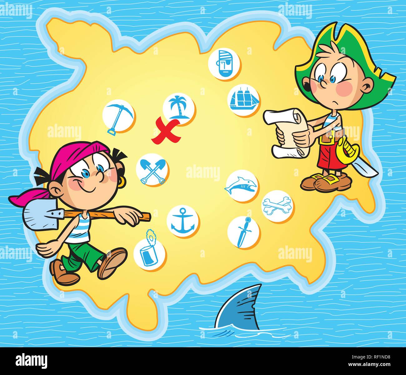 The illustration shows children playing pirates. Boy and girl in pirate clothes are on the background  map island with symbols. Around the map blue se Stock Vector
