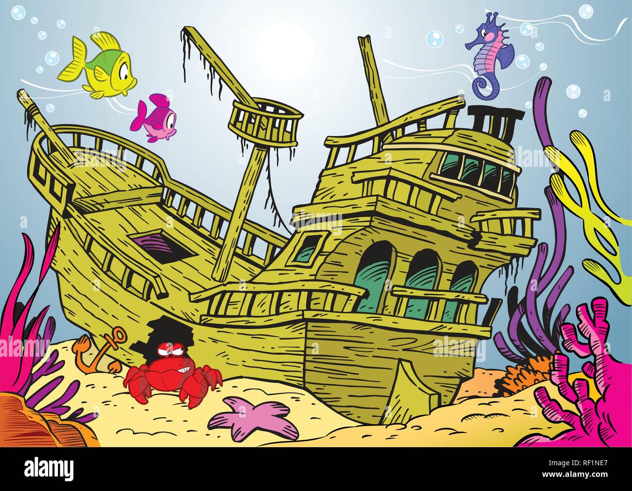 The illustration shows a sunken ancient ship. On lies on the ocean floor, around the swimming fish and seaweed Stock Vector