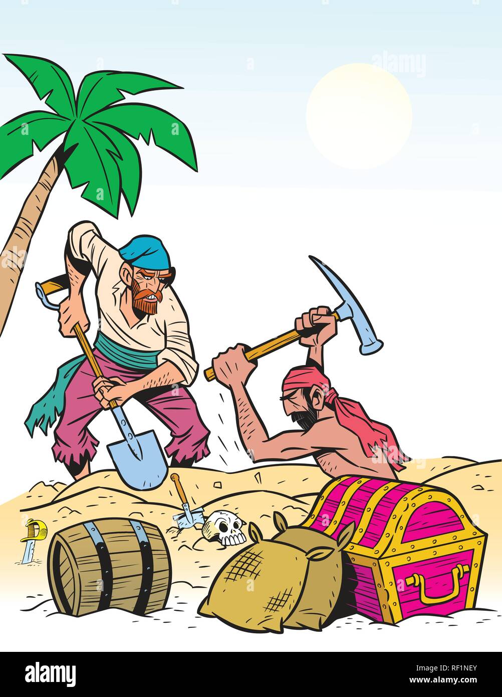 Two men pirates found on the banks of the treasure.They dig up the chests.Illustration done in cartoon style Stock Vector