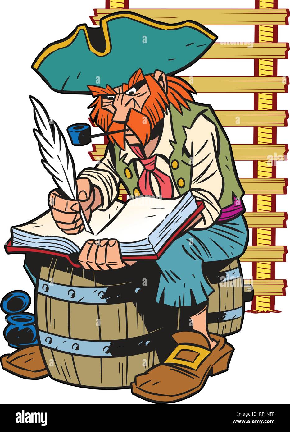 The illustration presented a pirate captain.He sits on the barrel and makes an entry in the logbook.Illustration done in cartoon style. Stock Vector