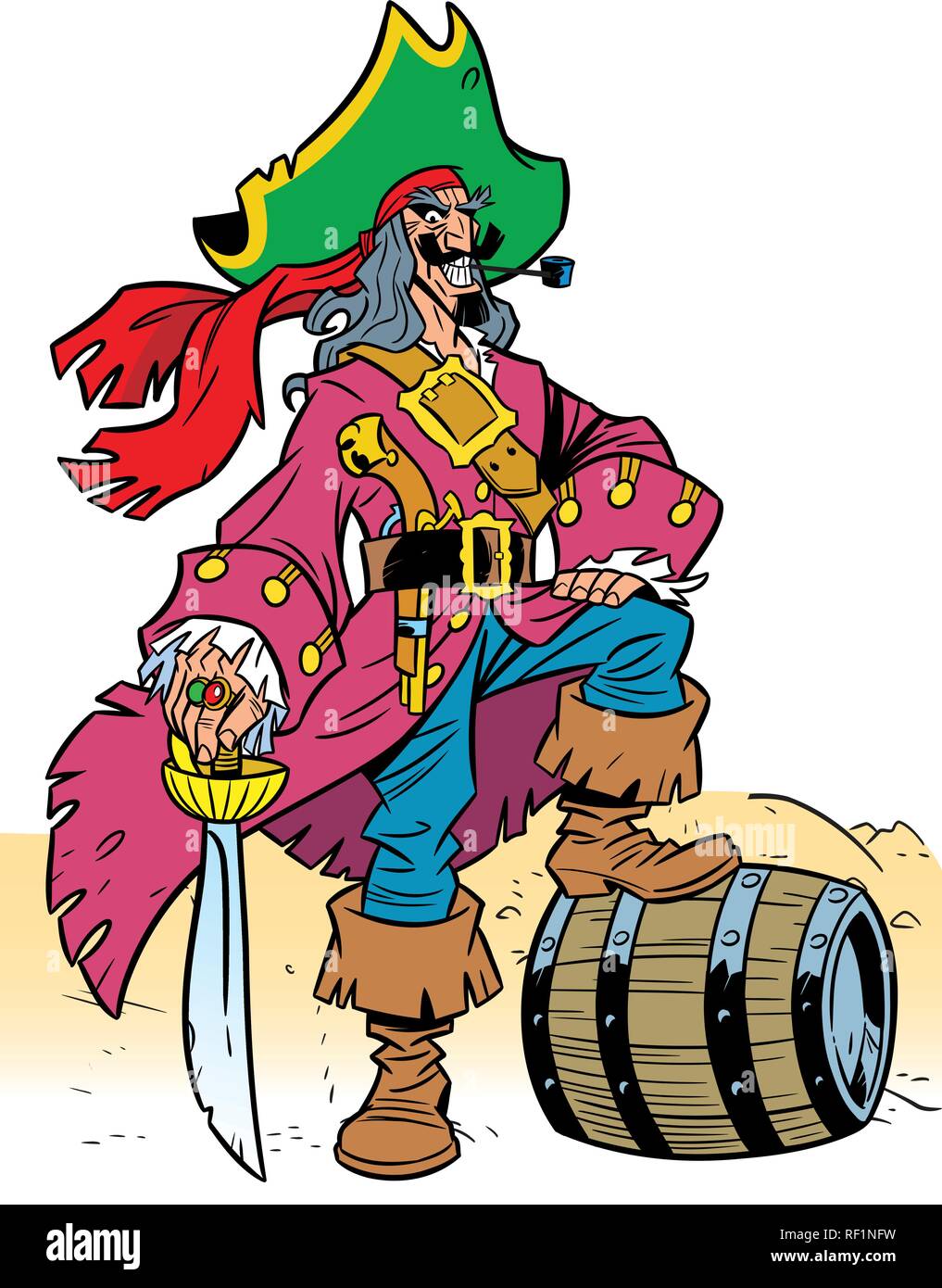 Illustrations are man pirate, he is dressed in a beautiful rich clothes.It relies on a barrel of wine with his foot. Stock Vector