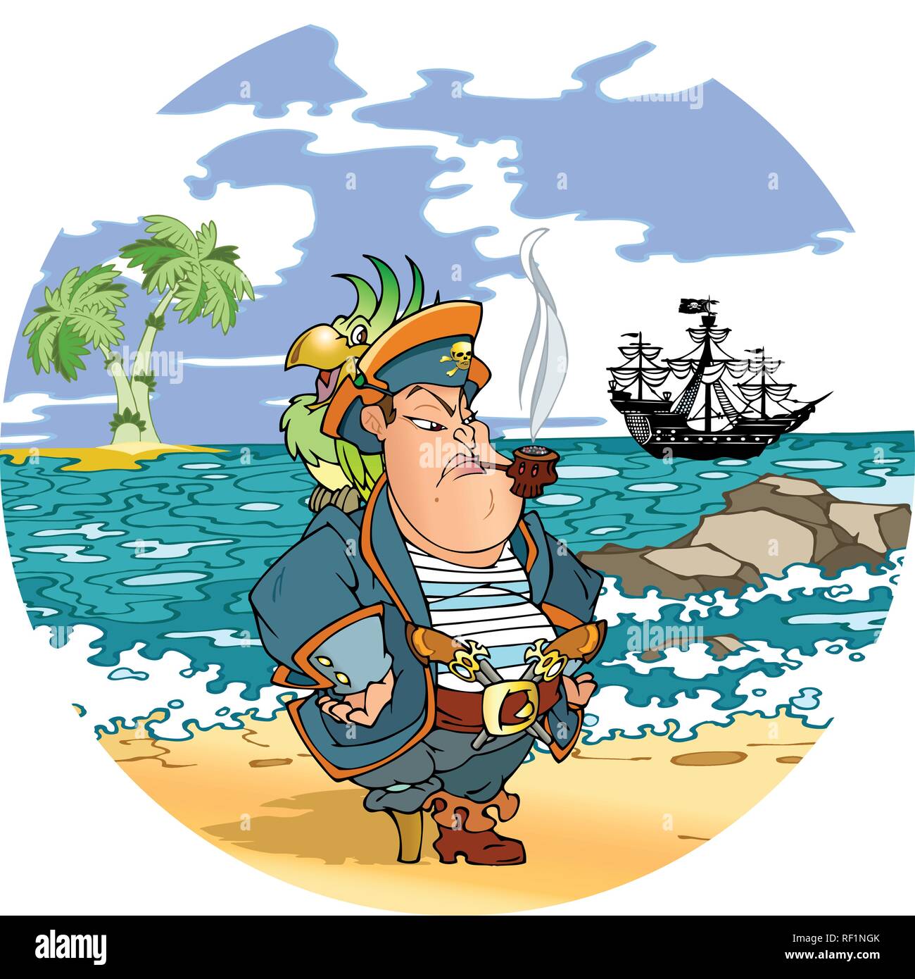 Pirate with a parrot on his shoulder against the backdrop of the sea. Pirate stands on the shore, far seen a pirate ship and palm trees. Stock Vector