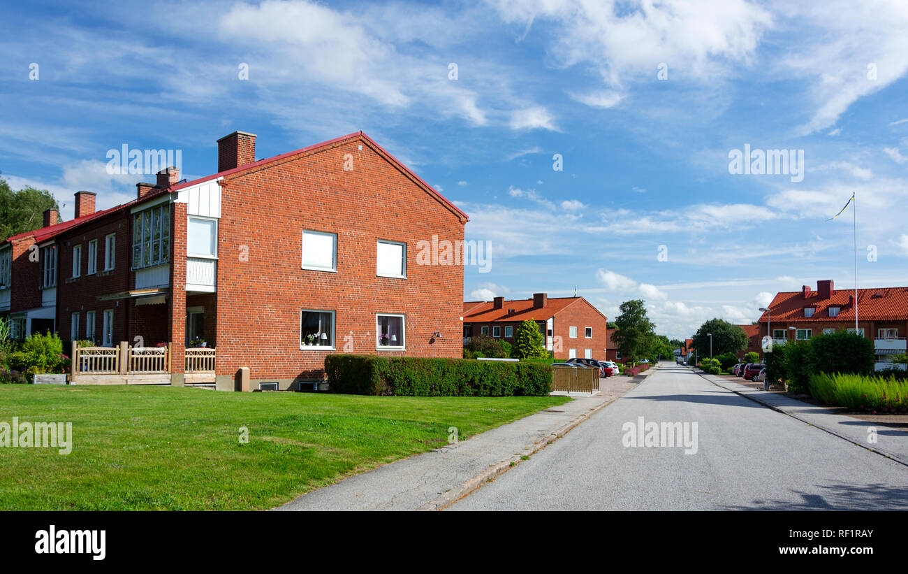 Veberod, Sweden - July 22, 2017:  Panoramic view of typical Swedish buildings multi-family houses in a small town and on the outskirts of the agglomer Stock Photo