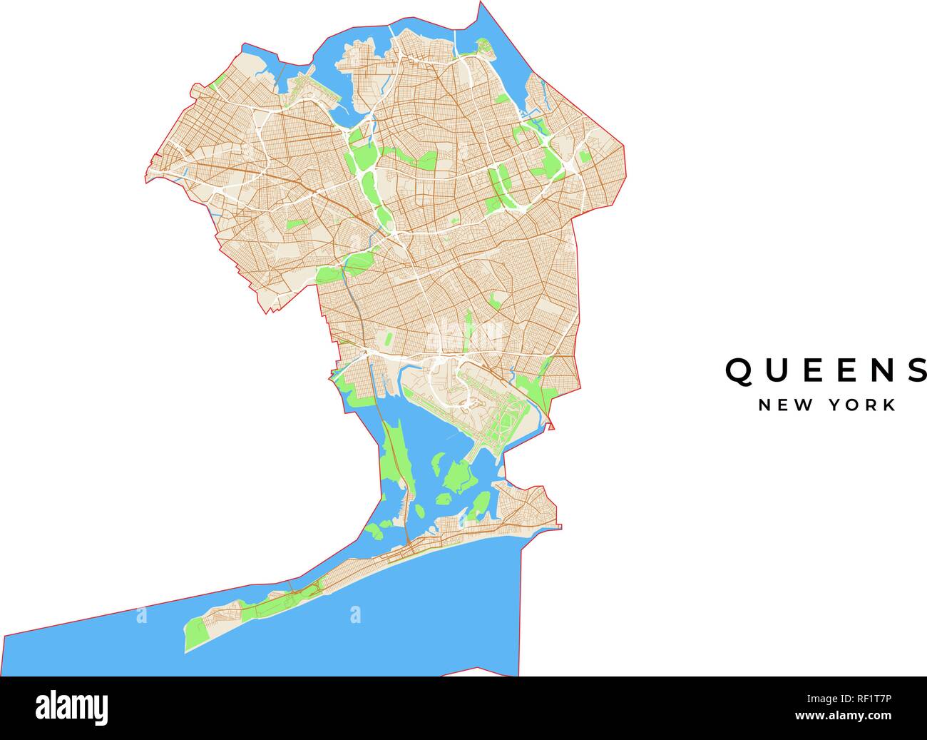 Vector map of Queens, New York, USA. Various colors for streets, parks, water and border. Stock Vector