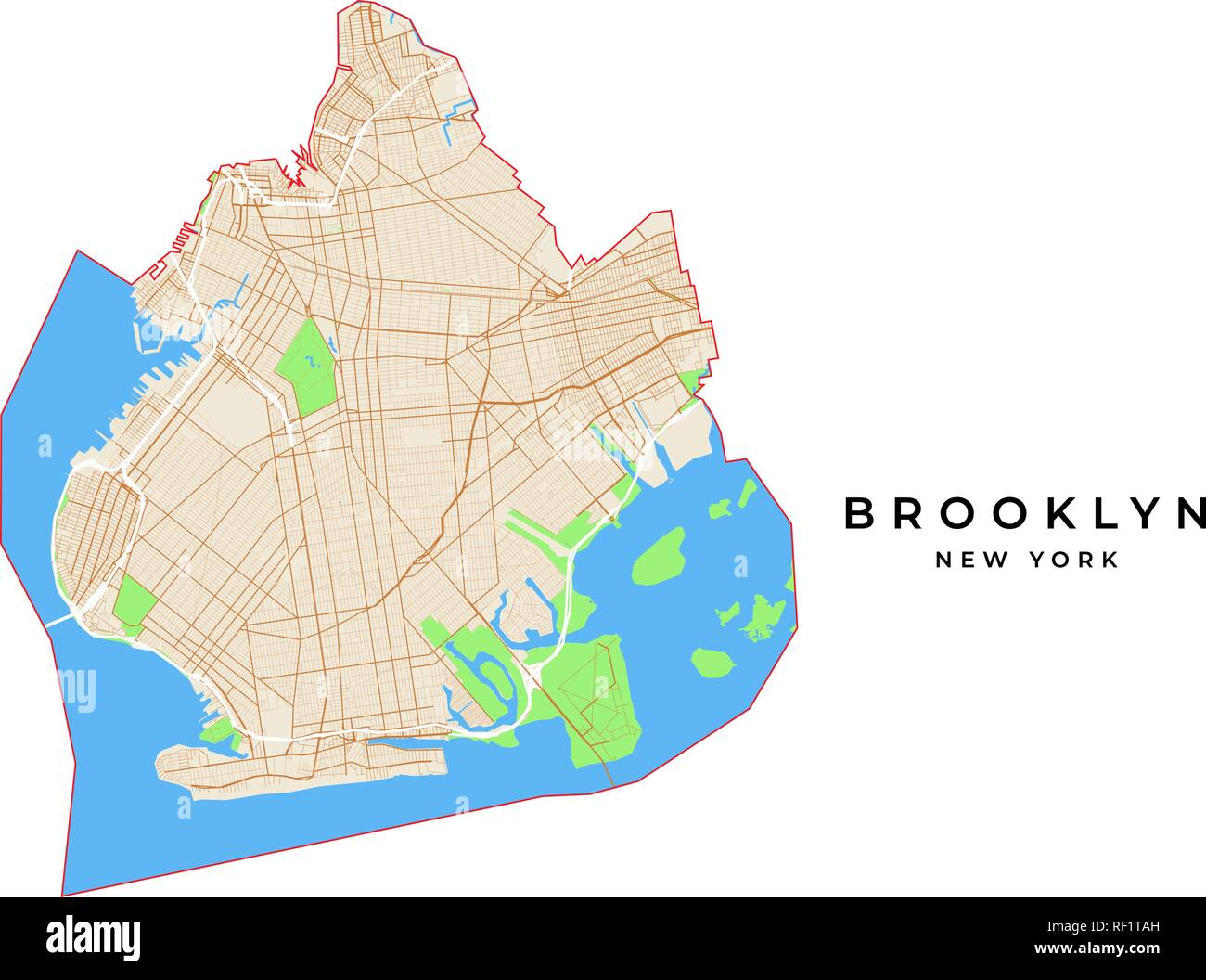 Vector map of Brooklyn, New York, USA. Various colors for streets, parks, water and border. Stock Vector