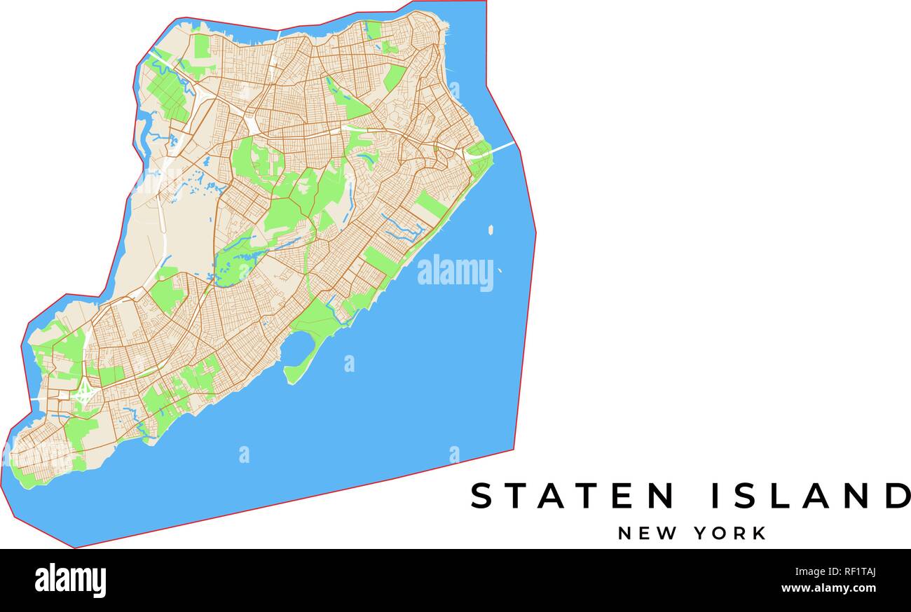 Vector map of Staten Island, New York, USA. Various colors for streets, parks, water and border. Stock Vector