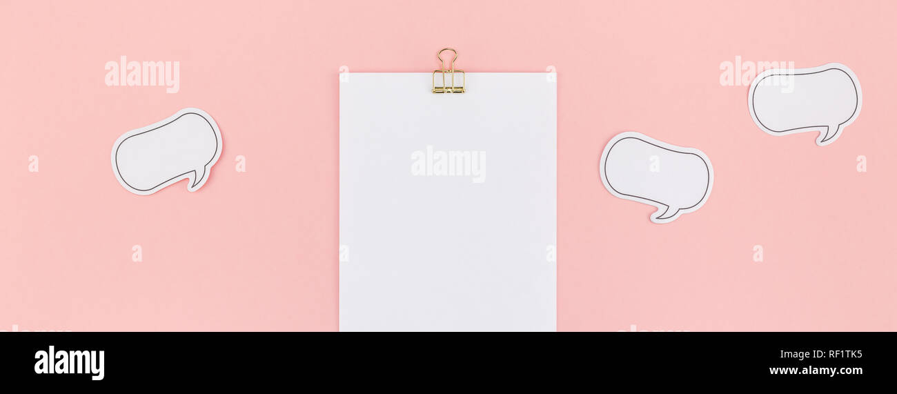 Creative flat lay top view mock up blank paper sheet postcard clip ...