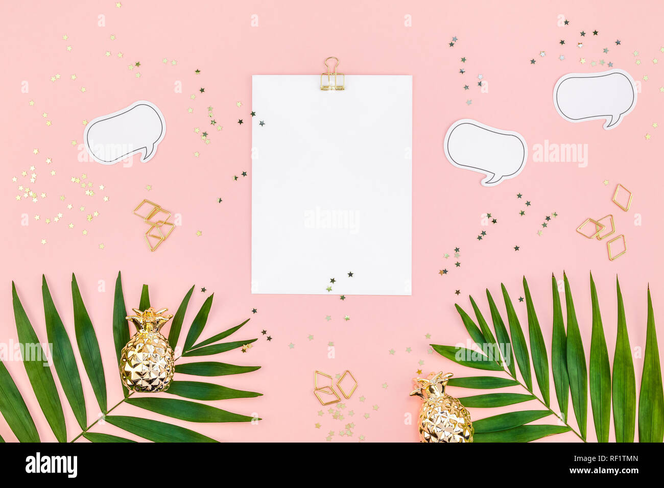 Creative flat lay top view mock up blank paper sheet postcard clip ...