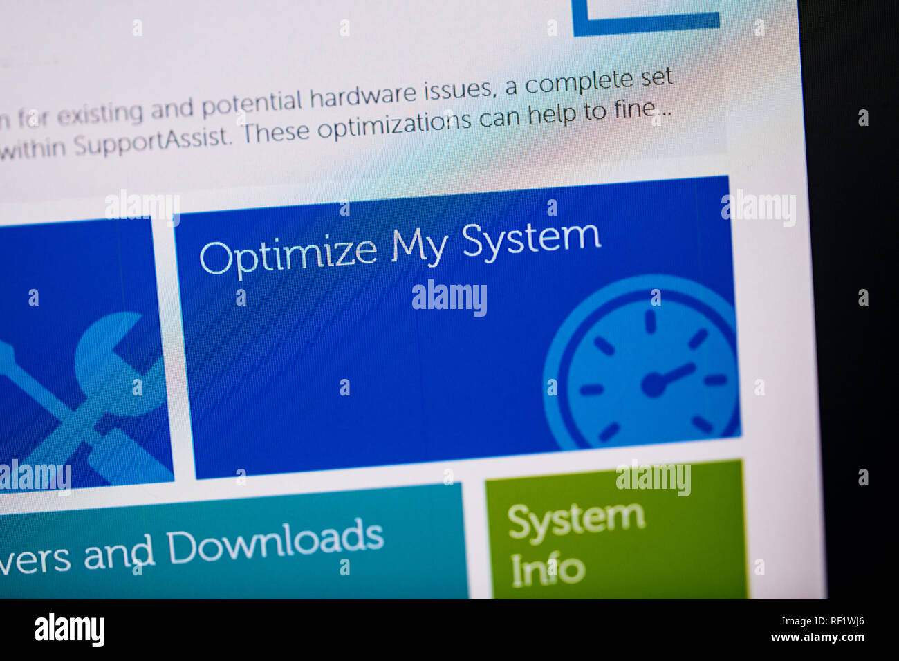 LONDON, UNITED KINGDOM - OCT 24, 2017: Optimize my system on Digital screen with Support Assist software hardware check program for Dell Computers running on powerful workstation Stock Photo