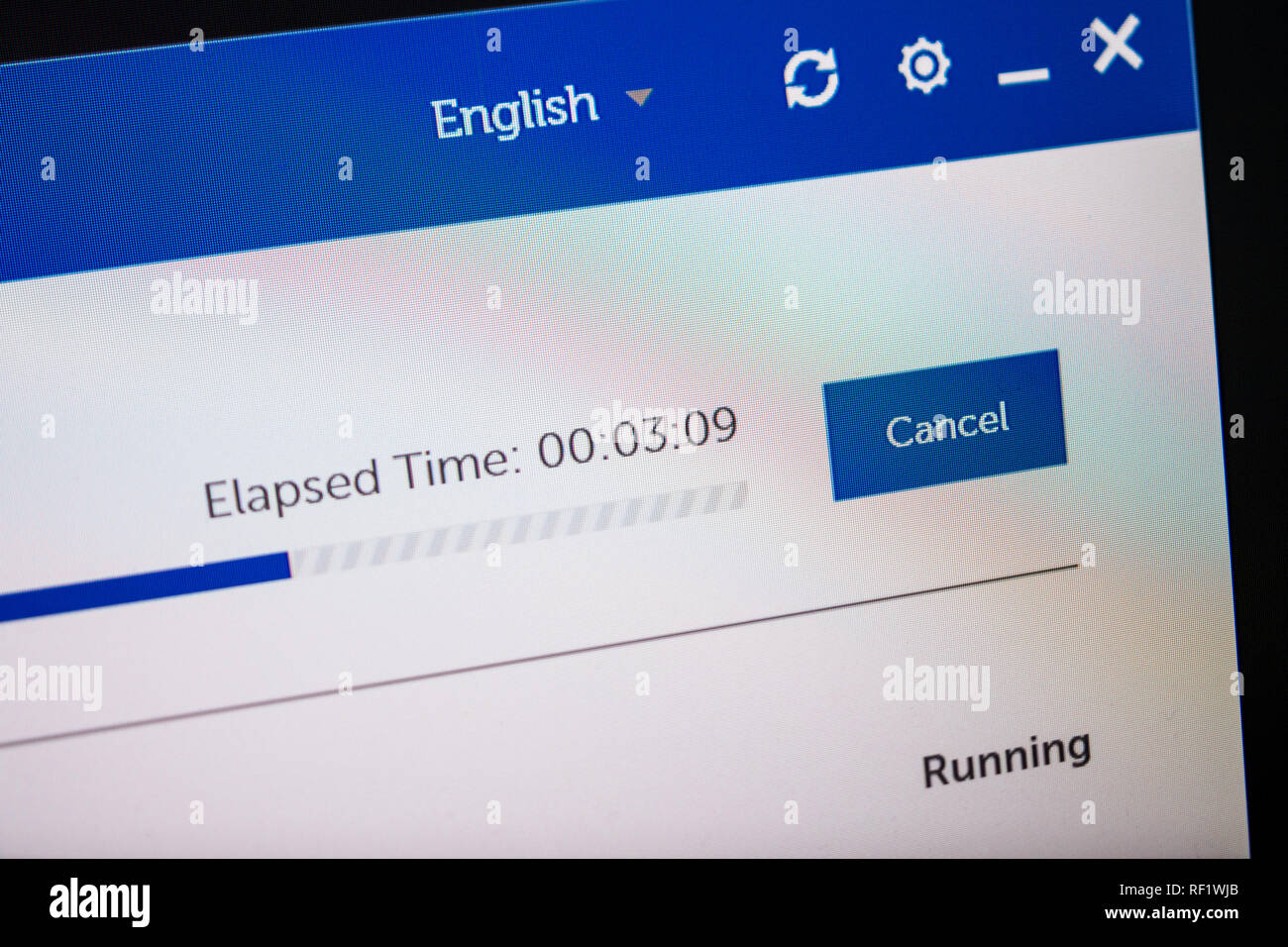 LONDON, UNITED KINGDOM - OCT 24, 2017: Elapsed time test on digital screen with Support Assist software hardware check program for Dell Computers running on powerful workstation Stock Photo